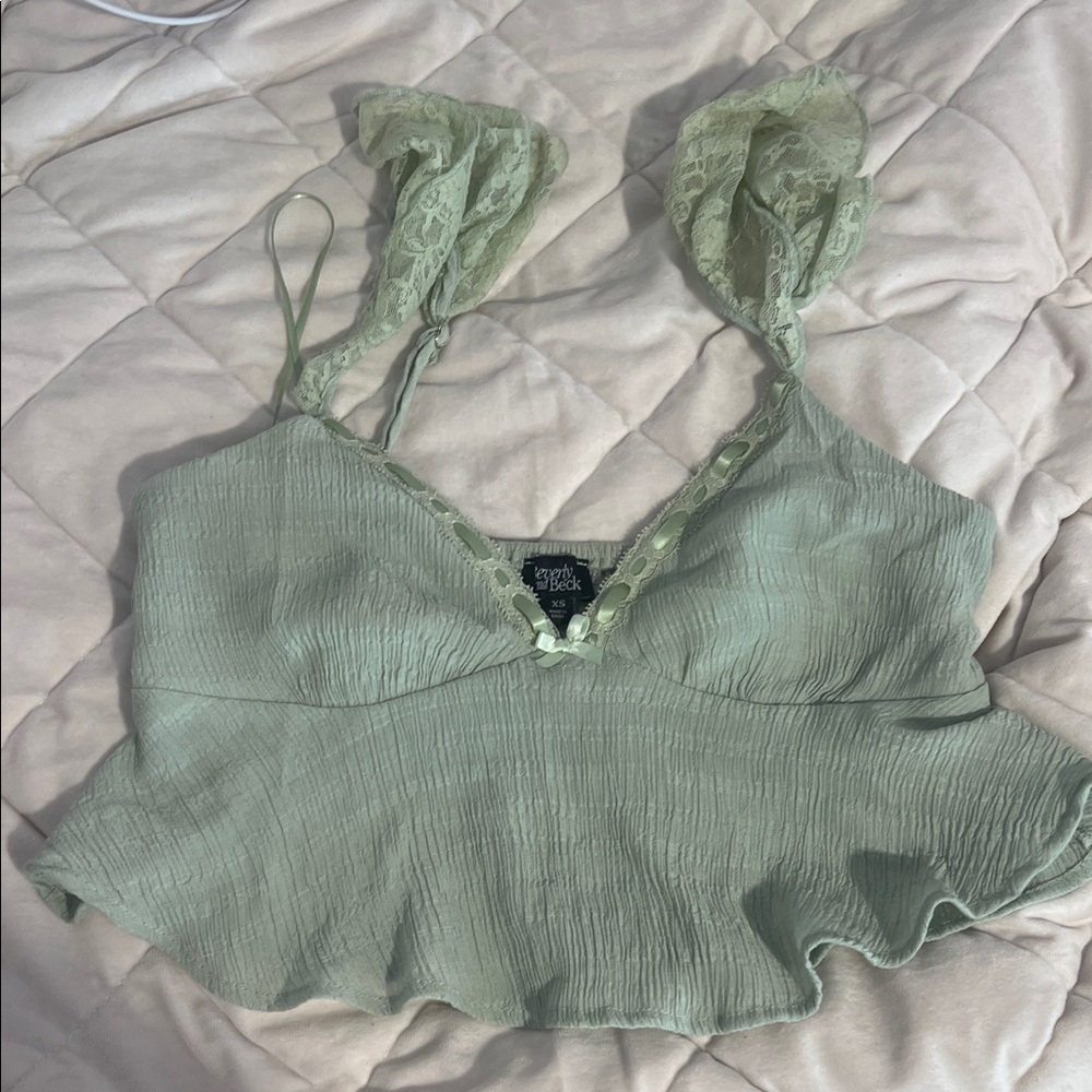 Green Lace Trim Crop Top